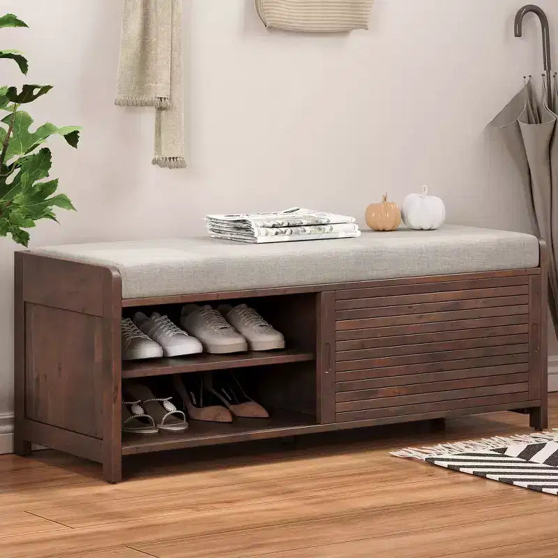 Whisen Shoe Bench with Storage and Cushion, Distressed Shutter Storage Bench