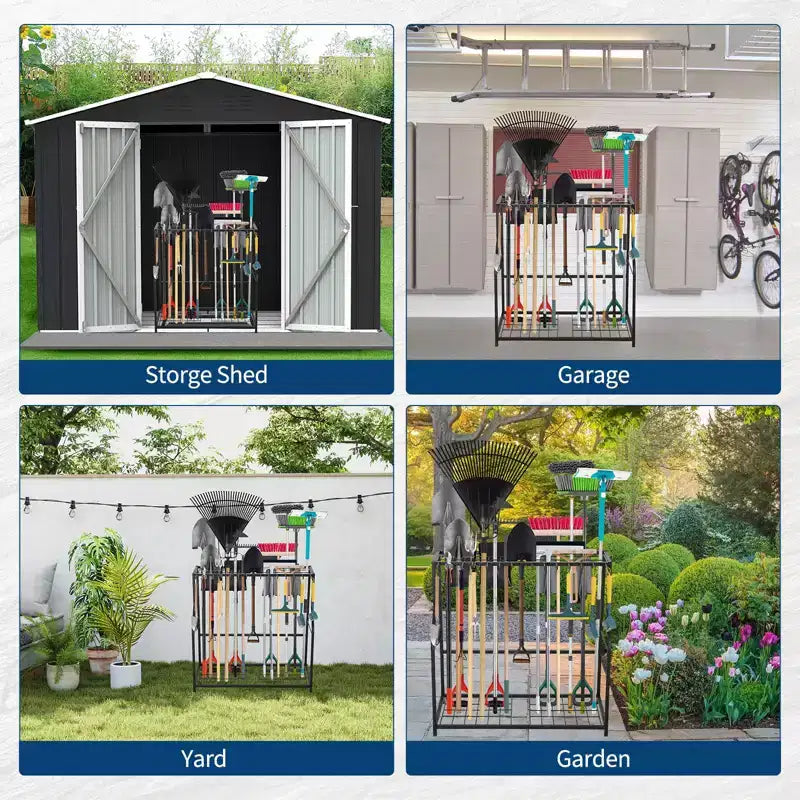 Organizzatore di attrezzi da giardino da 29 pollici, rastrelliera portautensili da giardino a 2 livelli, rastrelliere in acciaio per riporre attrezzi con manico lungo, supporto per attrezzi da garage, portautensili