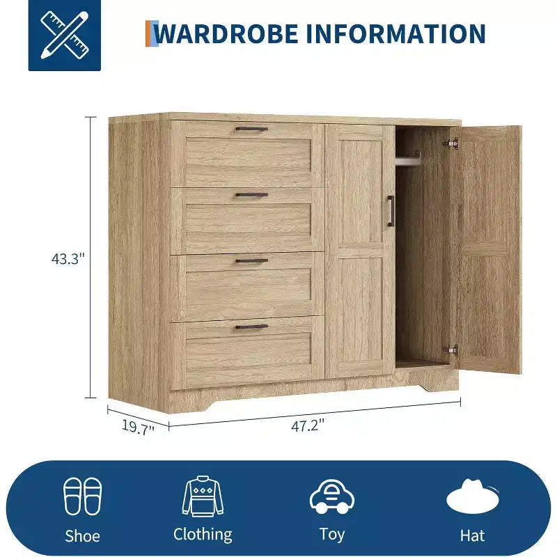 Armadio guardaroba con 4 cassetti e asta appendiabiti, mobile armadio da 110 cm con ante doppie per l'organizzazione dei vestiti in camera da letto