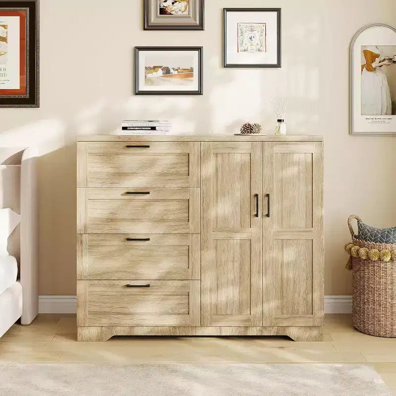 Armadio guardaroba con 4 cassetti e asta appendiabiti, mobile armadio da 110 cm con ante doppie per l'organizzazione dei vestiti in camera da letto