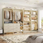 Besiost Set of 4 Closet Organizer System with Wood Drawers, 104-In Freestanding Wardrobe with Shoe Racks and Hnaging Rods