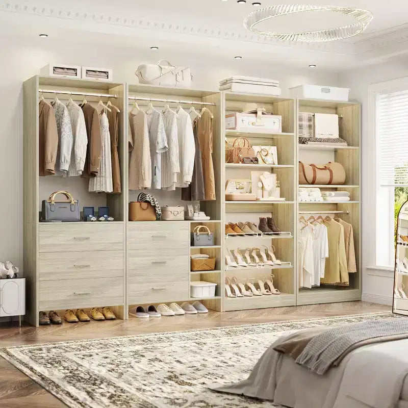 Besiost Set of 4 Closet Organizer System with Wood Drawers, 104-In Freestanding Wardrobe with Shoe Racks and Hnaging Rods