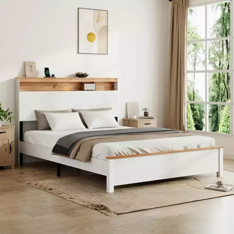 GDFStudio Miri Traditional Wooden Platform Bed with Storage Headboard and LED Light